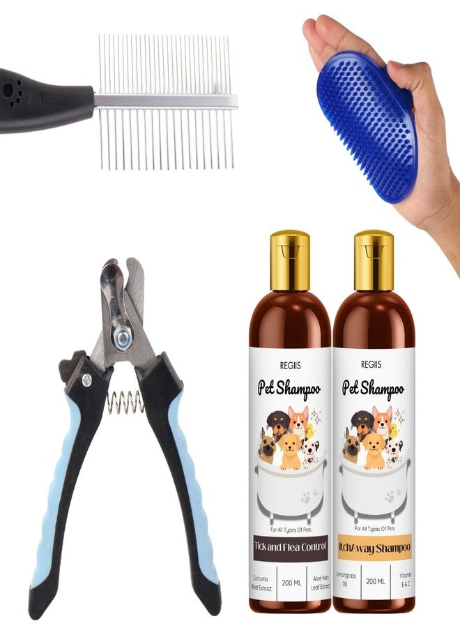 مجموعة ريجيس للعناية بالحيوانات الأليفة، طقم من 5 قطع مع مشط معدني، فرشاة تدليك زرقاء، مقص أظافر، شامبو لمكافحة القراد والبراغيث، شامبو للشعر المشعر/المموج للكلاب والقطط، 200 مل - Image 1